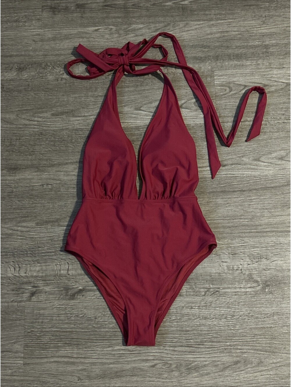 Cupshe One Piece Swimsuit Womens Large Plunge Neck Halter Bathing Suit Burgundy